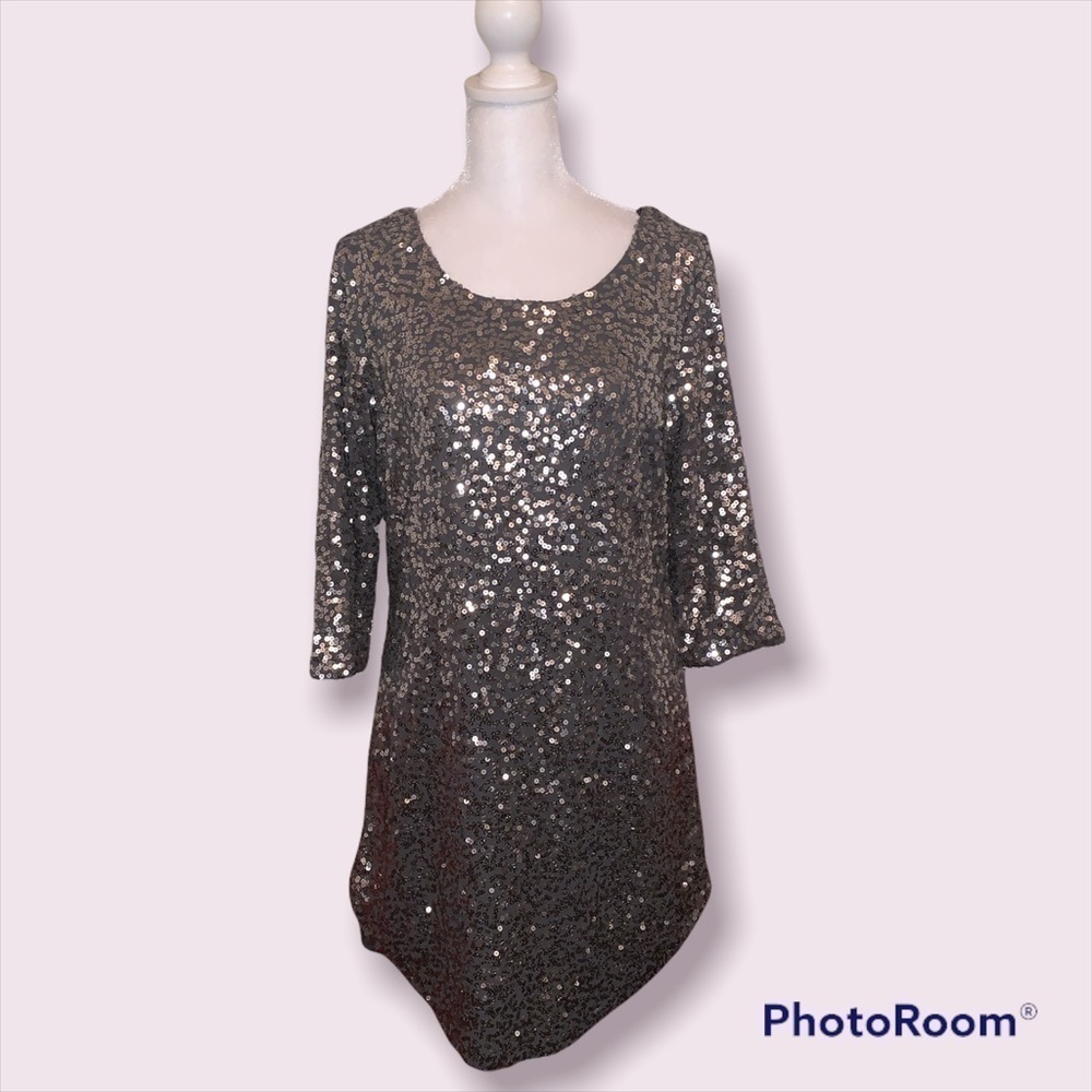 LC Lauren Conrad Womens Charcoal Grey Sequin Scoop Back Shift Dress Size M NWT